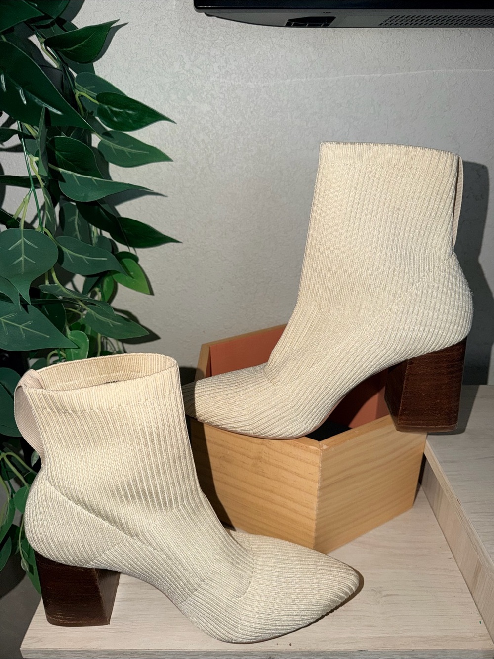 Steven By Steve Madden Cream Ribbed Sock Ankle Boots with Block Heel